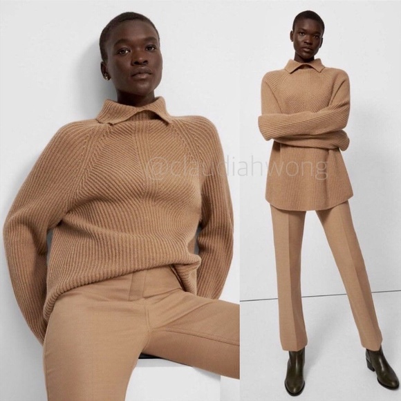 THEORY 100% Cashmere Moving Rib Turtleneck Sweater in Soft Camel Beige - Picture 2 of 13